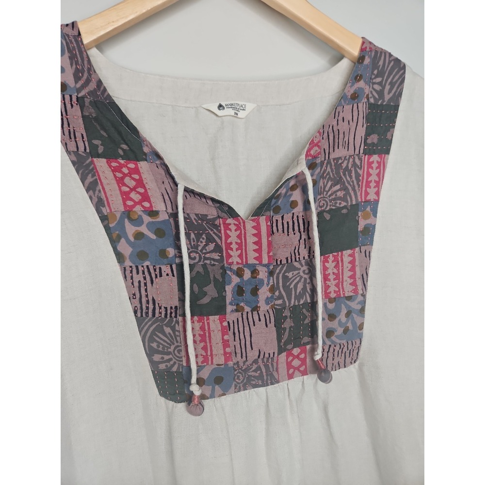 Marketplace India Dress 2W Maxi Tan Patchwork Embroidered Boho Prairie Tassels - Picture 4 of 16